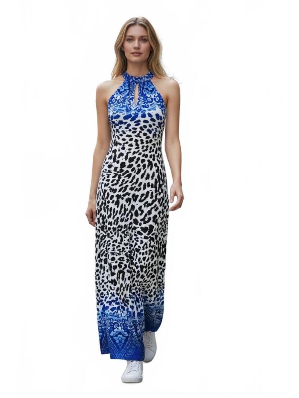 Cache Blue Leopard Print Halter Keyhole Maxi Dress $158  Y2K .Size M #1404